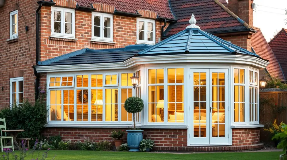 A traditional red-brick house with an elegant tiled roof conservatory featuring large white-framed windows and French doors, warmly lit from inside. This design provides energy efficiency and a stylish, functional extension to the home.