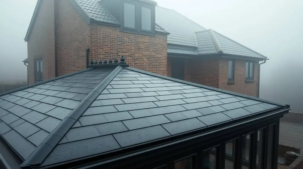 A modern tiled roof conservatory attached to a traditional British brick house on a foggy day. This design combines energy efficiency with aesthetic harmony, making it a durable and stylish home extension.