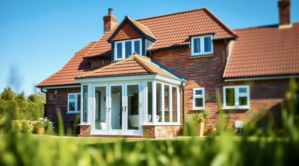 A traditional British red-brick house with a white-framed tiled roof conservatory, illuminated by bright sunlight and surrounded by lush greenery. This design offers a practical and stylish way to extend living space while improving energy efficiency.