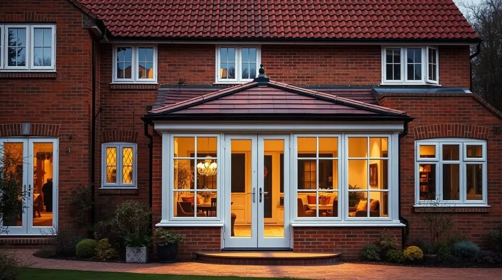 A traditional British brick house with a tiled roof conservatory, featuring large white-framed windows warmly lit from the inside. This conservatory design provides an energy-efficient and stylish extension to the home.