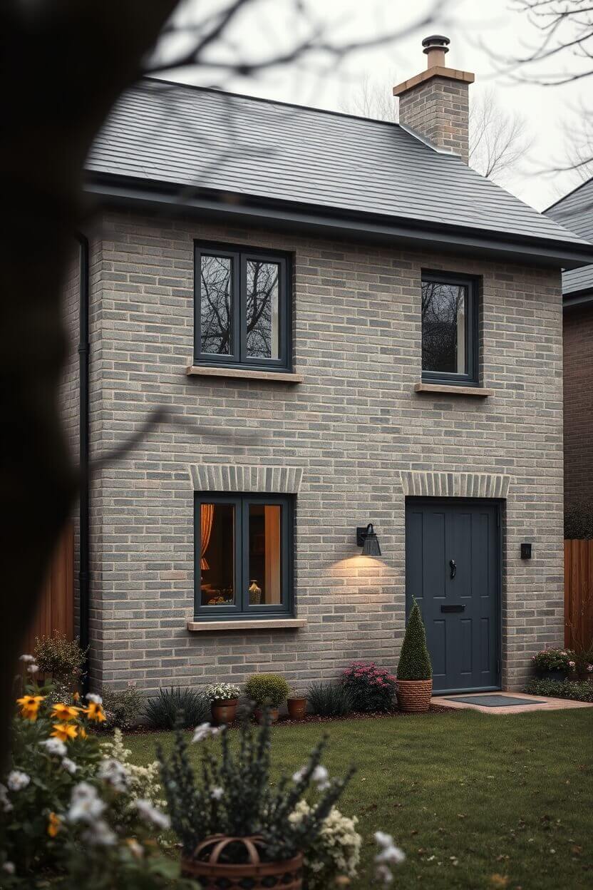 A modern UK detached house with a grey brick exterior, anthracite grey windows, and an energy-efficient warm roof system, surrounded by a landscaped garden.