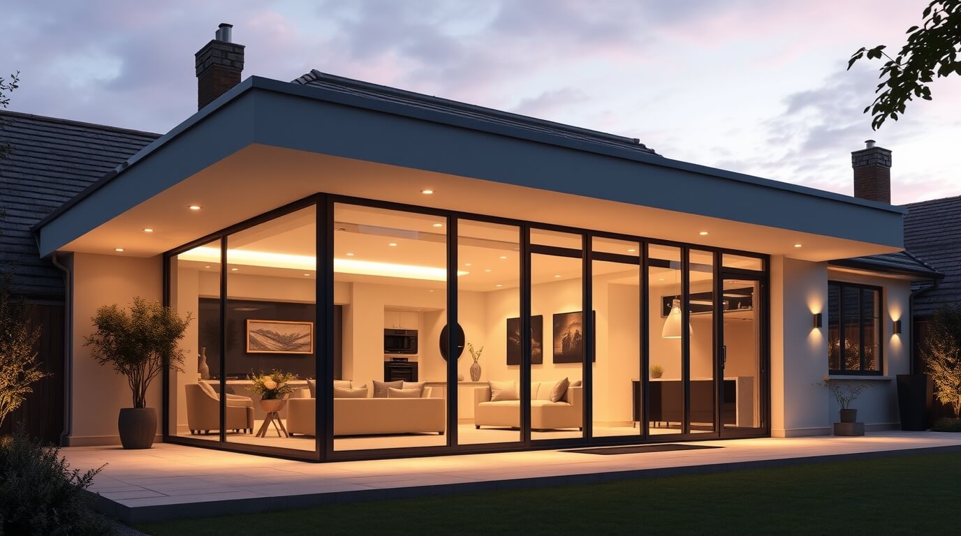 A modern UK home extension with a warm roof system, featuring a flat insulated roof, large bifold glass doors, and contemporary architectural design for energy efficiency.