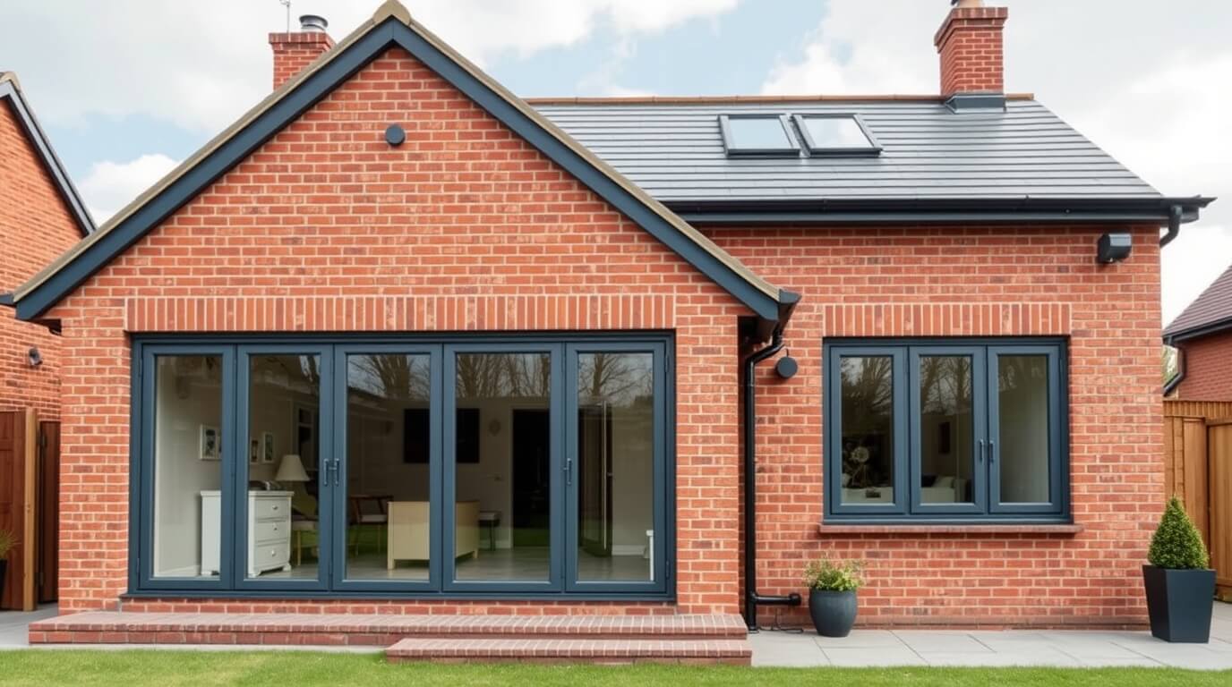 Modern UK home with a warm roof system, featuring large bifold doors, red brick exterior, and skylights for energy efficiency and natural light.