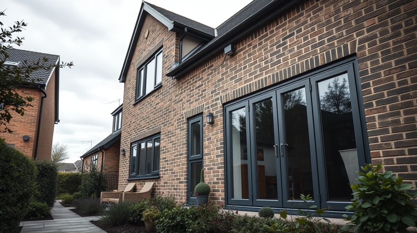 A modern UK home with a warm roof system, grey brick exterior, anthracite grey bifold doors, and a landscaped garden for a stylish and energy-efficient living space.