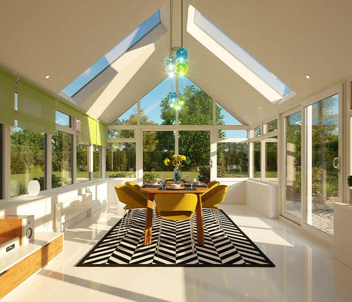 Bright conservatory interior with Equinox tiled roof and skylights, designed for year-round comfort and energy efficiency.