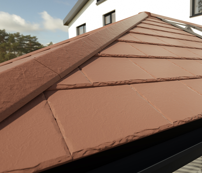 Close-up of Burnt Umber Equinox tiled conservatory roof designed for energy efficiency and durability.