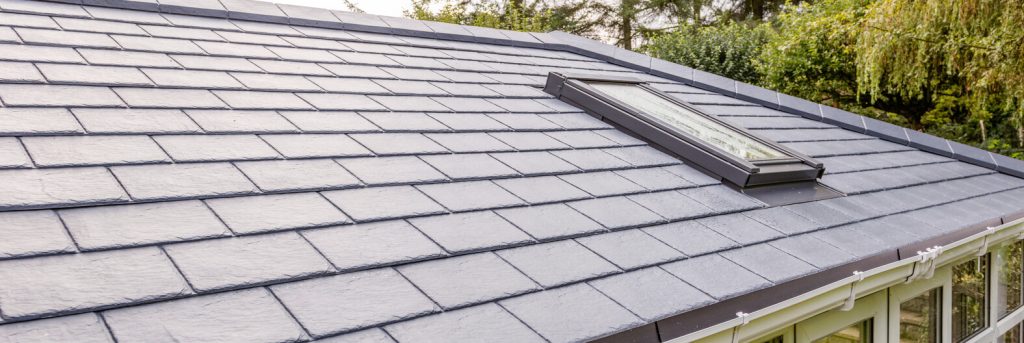 Close-up of Matlock Equinox tiled conservatory roof with skylight for improved energy efficiency and style.