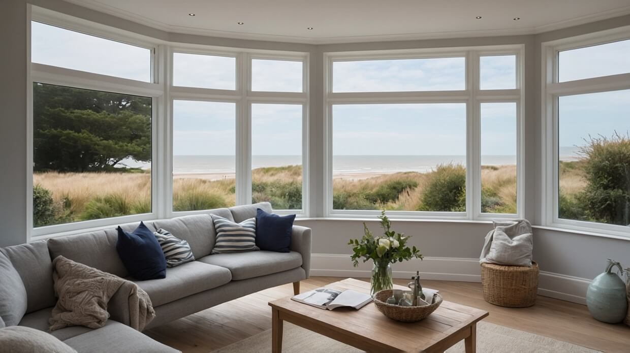 A coastal home in Southwold with large double-glazed bay windows showcasing panoramic views of the sea. This image relates to the page content by illustrating how double glazing improves energy efficiency and enhances scenic homes.