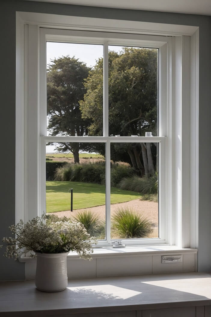 A double-glazed sash window in a Southwold home offering a view of a green garden and trees. This image illustrates how energy-efficient glazing enhances both thermal performance and home aesthetics.