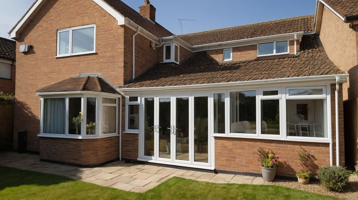 A modern brick home in Lowestoft with white uPVC double-glazed windows and patio doors, demonstrating improved energy efficiency and thermal insulation. The image relates to the page content by visually representing the benefits of double glazing.