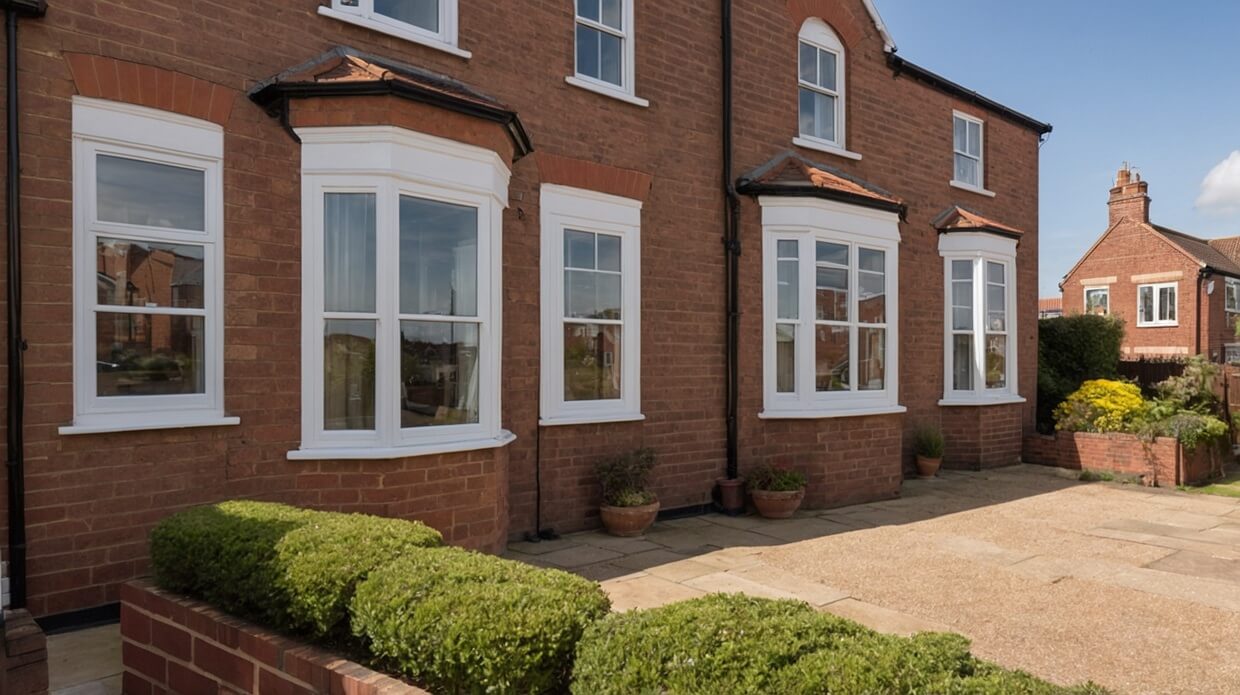 A traditional British home in Great Yarmouth with white double-glazed sash windows, preserving the classic aesthetic while improving energy efficiency. The image relates to the page content by illustrating how double glazing enhances traditional homes.