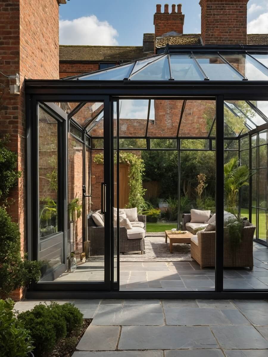 Modern glass conservatory with grey frame attached to a brick house, overlooking garden and patio seating area.