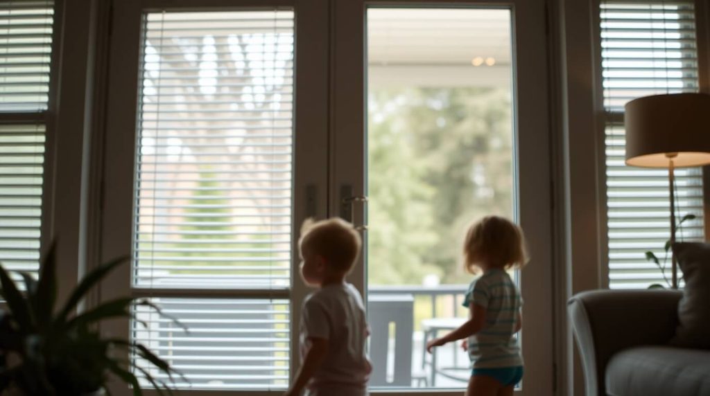 Children playing near French doors with child-safe integral blinds, offering a secure, cordless window solution for modern family homes.