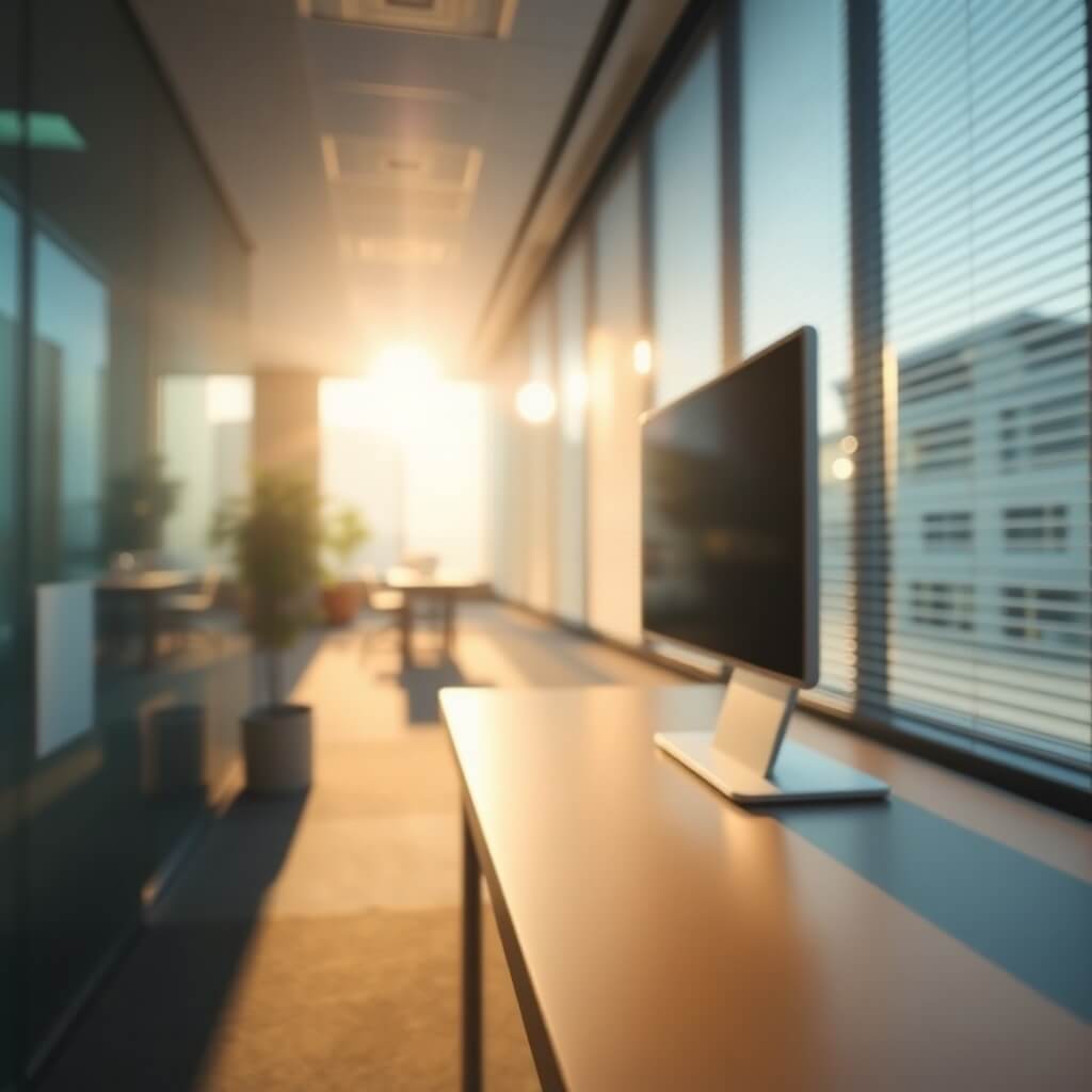 A modern office with integral blinds in glass partitions, reducing glare and improving privacy for a productive workspace.