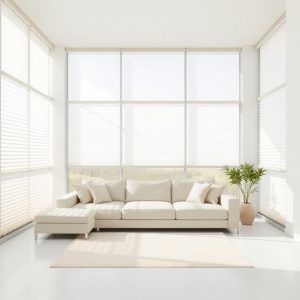 A modern living room with floor-to-ceiling windows featuring integral blinds sealed inside double-glazed glass, offering privacy and light control.